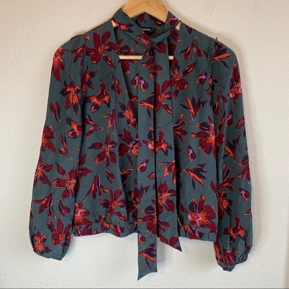 Madewell Silk Tie-Neck Floral 100% Silk Long Sleeve Wrap Top Women’s Size Small - Picture 5 of 10